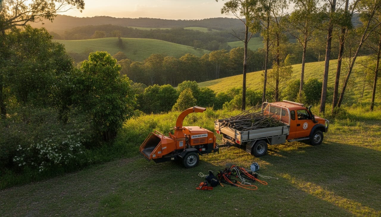Hobart Arborist work truck and wood chipper on site in the Hobart
